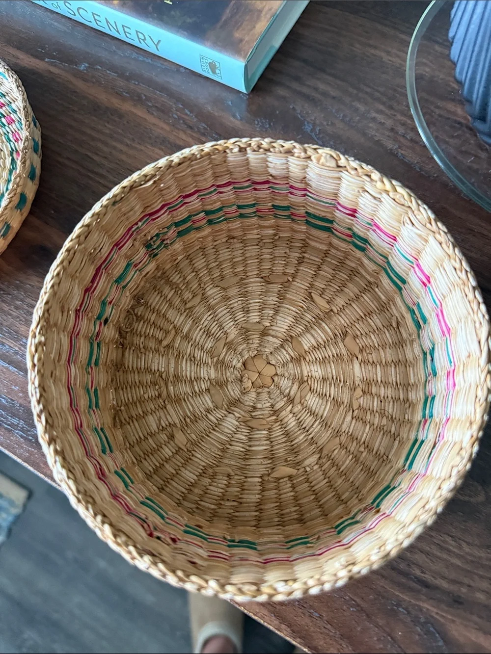 Handwoven Natural Straw Small Storage Basket with Red and Teal Boho Rustic